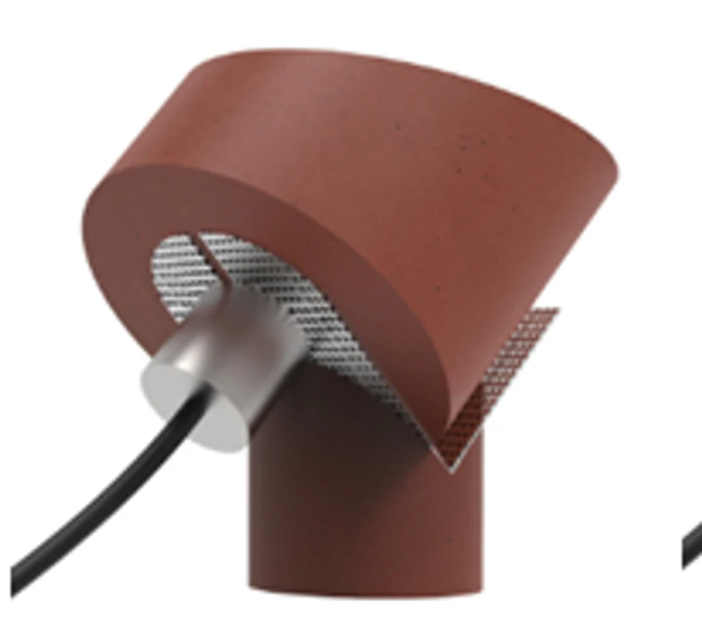 Lampe Noir Minéral : abat-jour en Wasterial® - Coquilles de moules, pied en Wasterial® - Brique et pièce d'assemblage en acier corten.